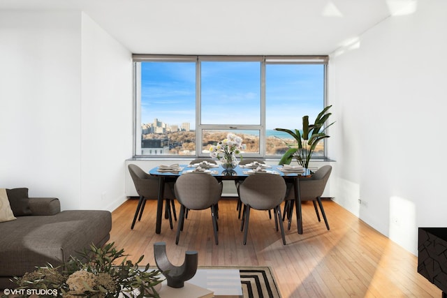 dining space with a city view and hardwood / wood-style flooring