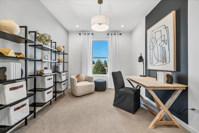 carpeted home office featuring baseboards and recessed lighting