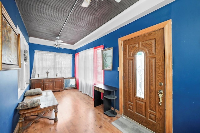 entrance foyer with a ceiling fan, a healthy amount of sunlight, and wood finished floors