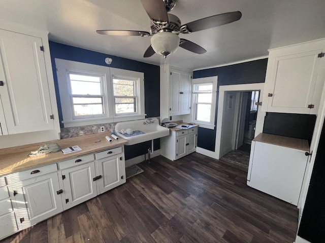 kitchen featuring a ceiling fan, light countertops, dark wood-style flooring, and white cabinetry