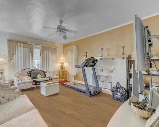 workout room with ceiling fan and wood finished floors