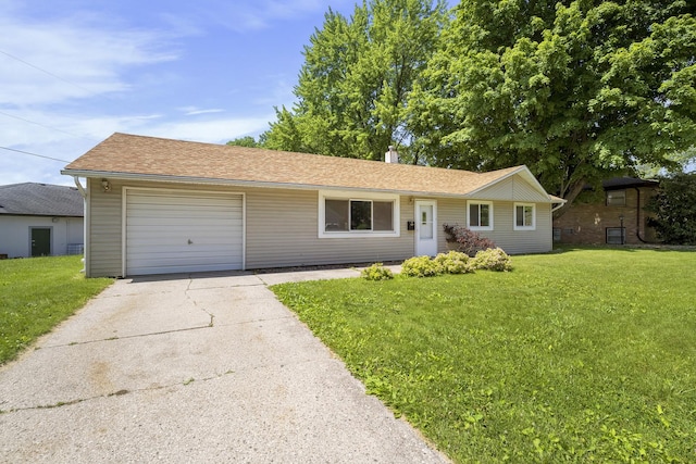 single story home with a garage, a front lawn, concrete driveway, and roof with shingles