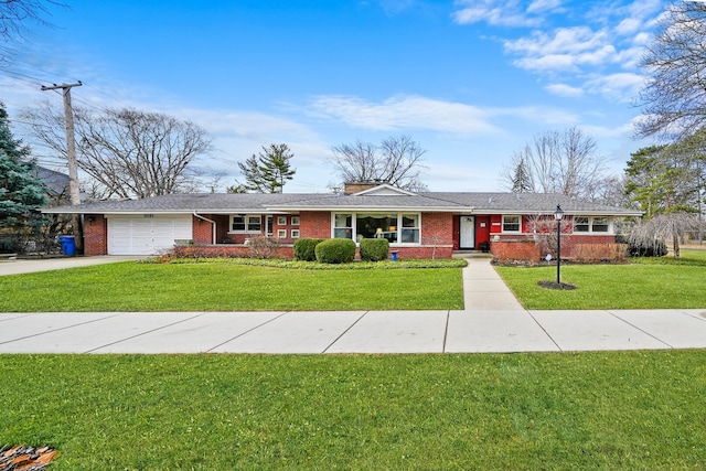 ranch-style home with brick siding, an attached garage, concrete driveway, and a front lawn