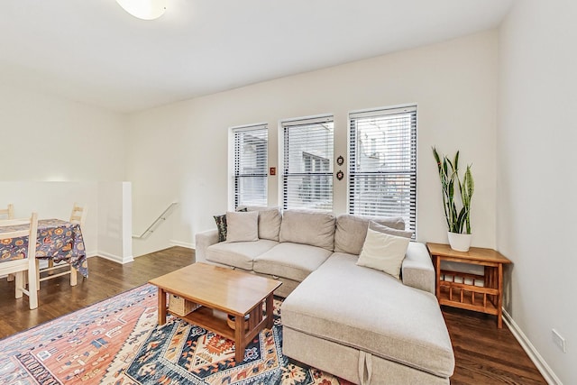 living area featuring baseboards and wood finished floors