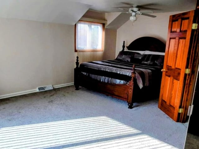 bedroom with a ceiling fan, carpet, visible vents, and baseboards