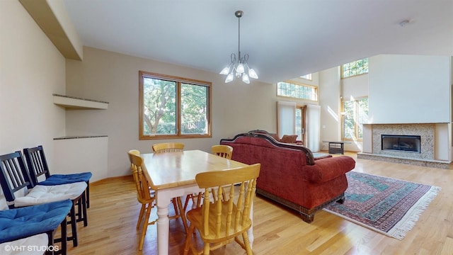 dining room featuring a healthy amount of sunlight, light wood-type flooring, and a fireplace