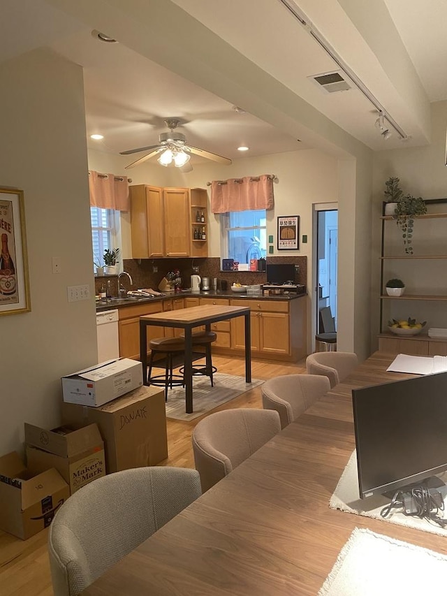 dining room with light wood-style floors, visible vents, plenty of natural light, and ceiling fan