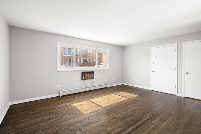 unfurnished living room with dark wood finished floors, a wall mounted air conditioner, baseboards, and baseboard heating