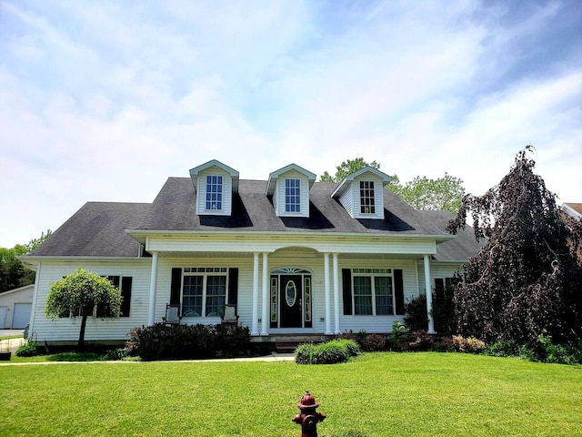 cape cod house featuring covered porch and a front yard