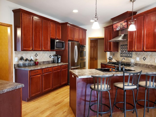 kitchen featuring light wood finished floors, a peninsula, stainless steel appliances, wall chimney exhaust hood, and reddish brown cabinets