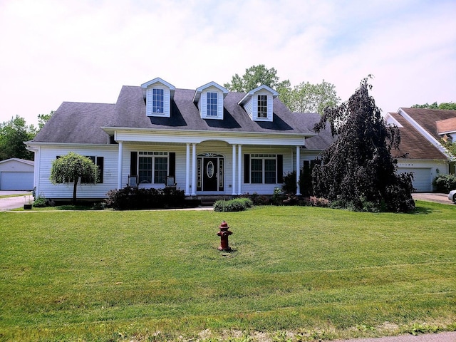 new england style home with a garage, covered porch, and a front yard