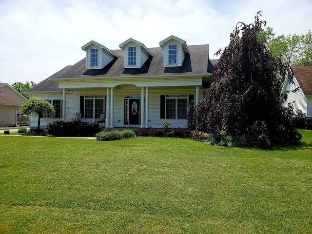 cape cod home featuring covered porch and a front lawn