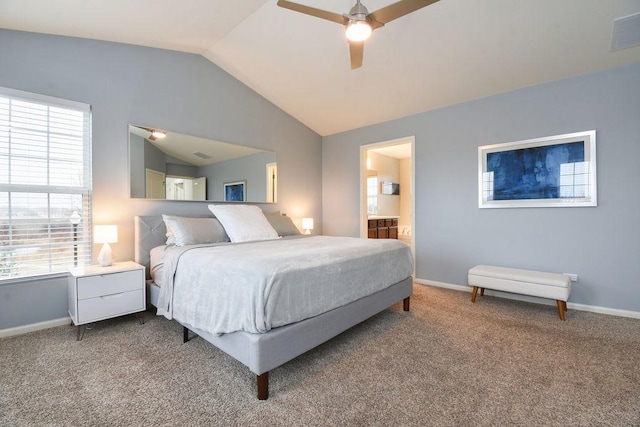 bedroom featuring carpet floors, visible vents, baseboards, and lofted ceiling