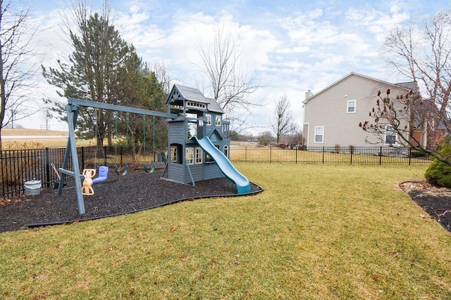 view of jungle gym with a fenced backyard and a yard