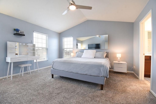 carpeted bedroom featuring lofted ceiling, ceiling fan, and baseboards