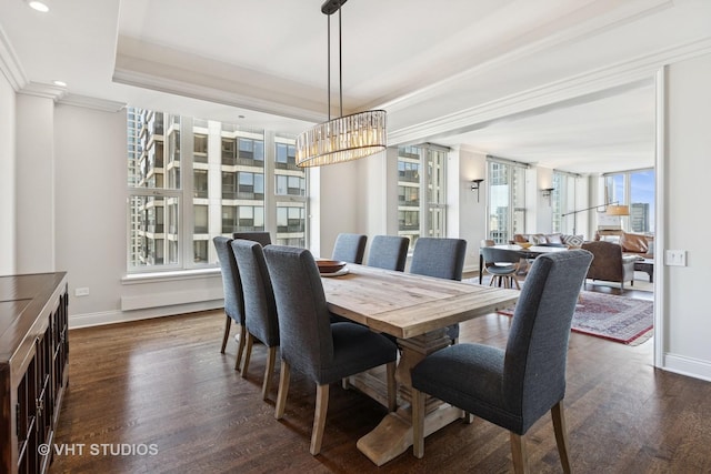 dining room featuring recessed lighting, baseboards, dark wood-type flooring, and ornamental molding