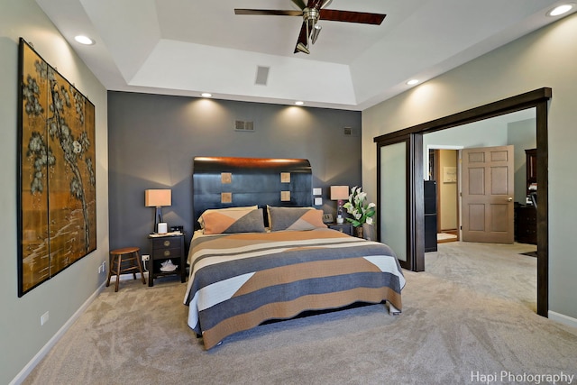 carpeted bedroom with visible vents, recessed lighting, and baseboards