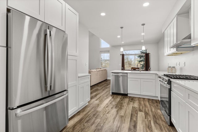 kitchen with white cabinetry, a peninsula, wood finished floors, and appliances with stainless steel finishes