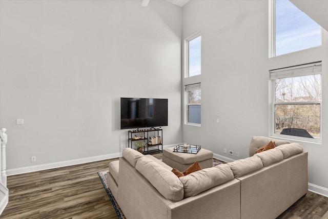 living area with baseboards, dark wood-style flooring, and a towering ceiling