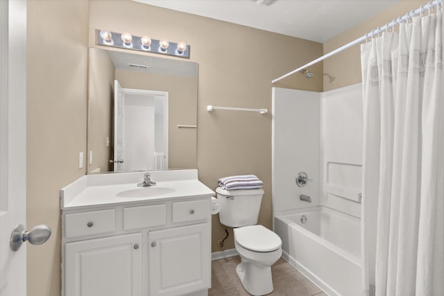 bathroom featuring tile patterned flooring, visible vents, toilet, shower / tub combo with curtain, and vanity