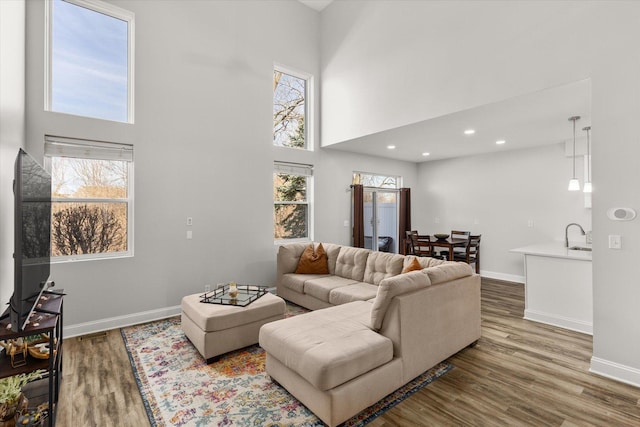 living area featuring recessed lighting, a high ceiling, baseboards, and wood finished floors