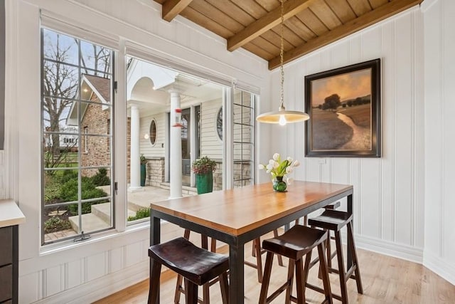 dining space featuring lofted ceiling with beams, wooden ceiling, light wood finished floors, decorative columns, and a decorative wall