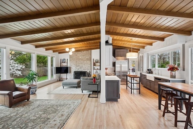 living area with lofted ceiling with beams, light wood finished floors, a stone fireplace, and wooden ceiling