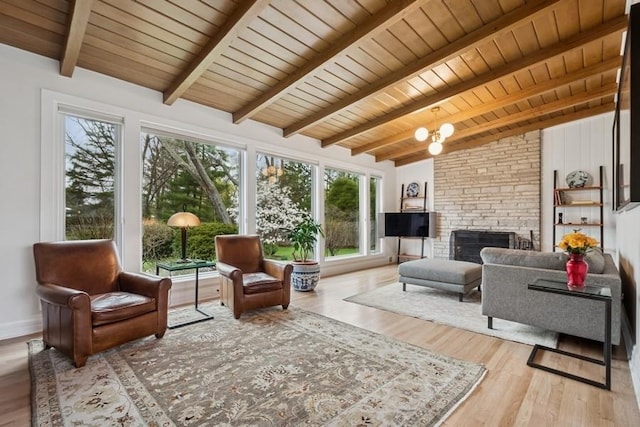 interior space with lofted ceiling with beams, wooden ceiling, and a wealth of natural light