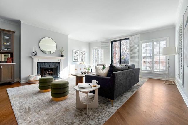 living room with ornamental molding, a fireplace, and wood finished floors