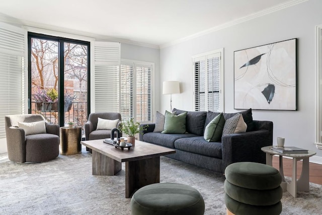 living area featuring crown molding