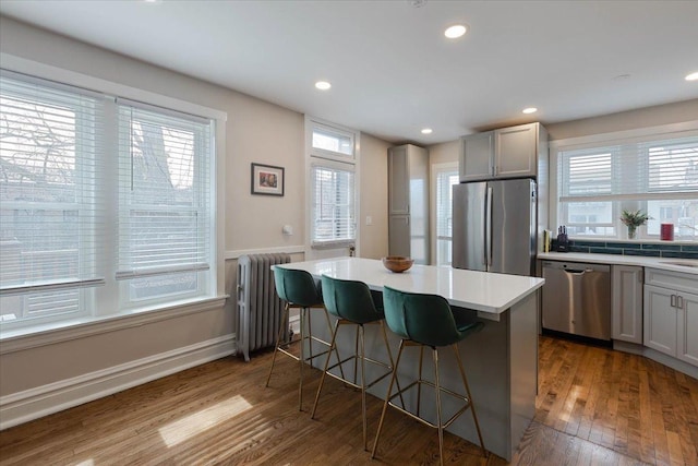 kitchen with dark wood finished floors, stainless steel appliances, gray cabinets, radiator heating unit, and a kitchen breakfast bar