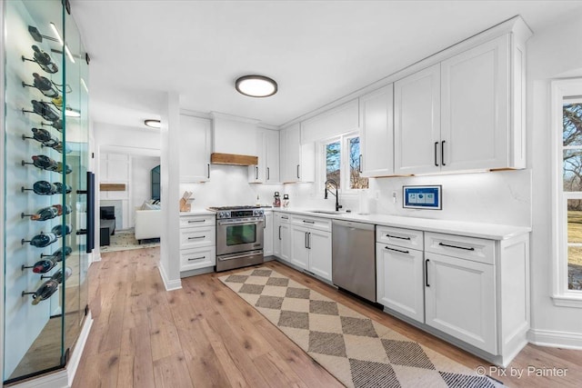 kitchen featuring stainless steel appliances, premium range hood, a sink, and white cabinetry