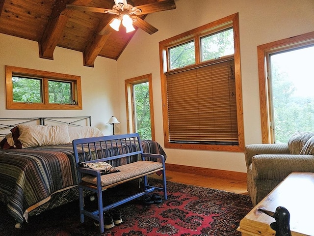 bedroom featuring vaulted ceiling with beams, ceiling fan, wooden ceiling, wood finished floors, and baseboards