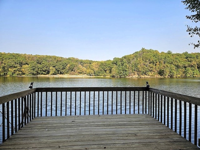 dock area with a water view and a wooded view