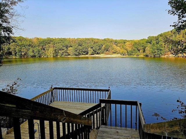 dock area with a water view and a forest view