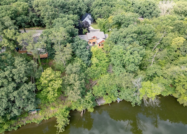 drone / aerial view featuring a water view and a view of trees