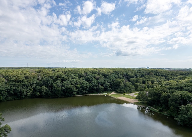 birds eye view of property featuring a forest view and a water view