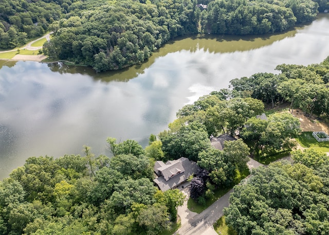 birds eye view of property featuring a water view and a view of trees