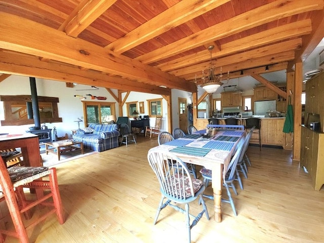 dining space with wood ceiling, light wood-type flooring, and a wood stove