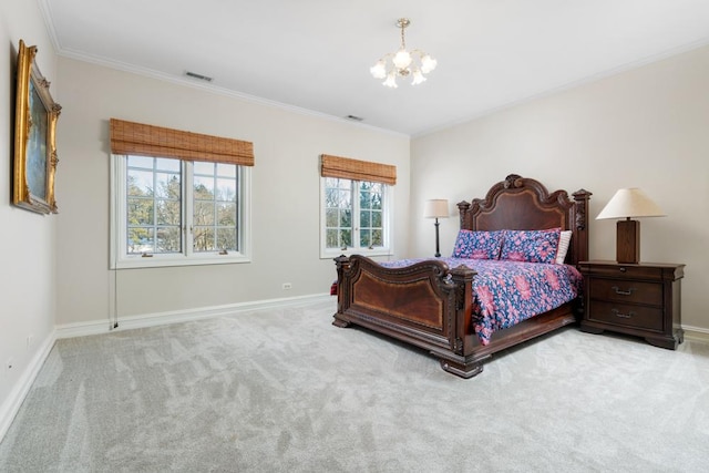 carpeted bedroom featuring baseboards, a notable chandelier, visible vents, and crown molding