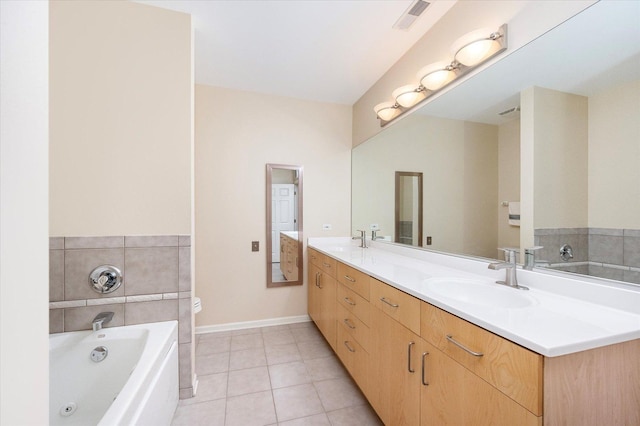 full bath featuring double vanity, a bath, visible vents, and a sink