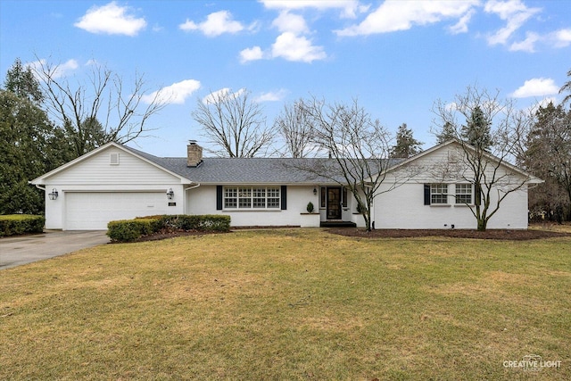 single story home featuring driveway, a front lawn, a chimney, and an attached garage