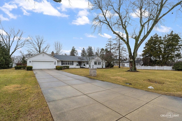 single story home featuring a chimney, a front yard, fence, a garage, and driveway