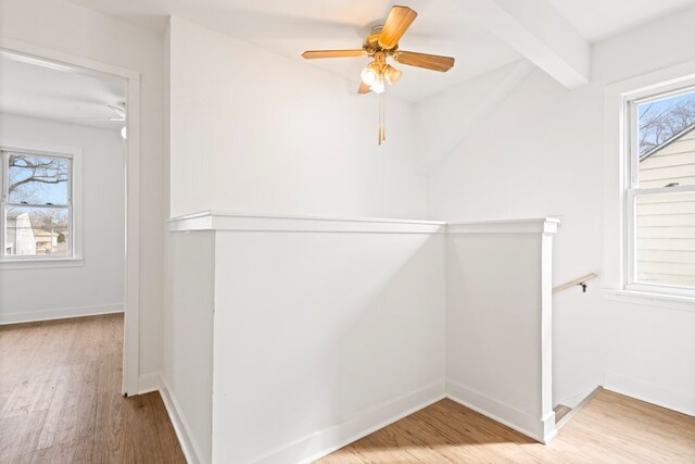 corridor featuring an upstairs landing, baseboards, a wealth of natural light, and wood finished floors