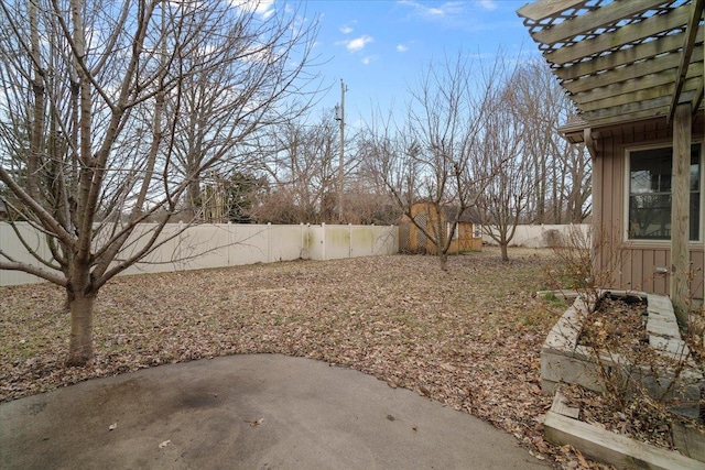 view of yard with a fenced backyard and a patio