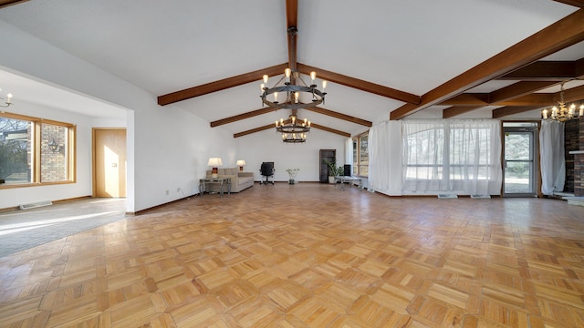 unfurnished living room featuring lofted ceiling with beams, baseboards, visible vents, and a notable chandelier