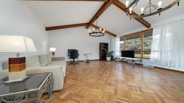 living area with high vaulted ceiling, a notable chandelier, visible vents, baseboards, and beamed ceiling