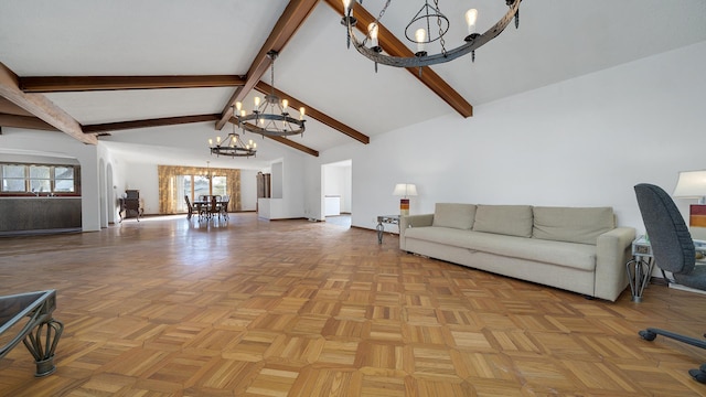 living room with high vaulted ceiling, beam ceiling, and an inviting chandelier