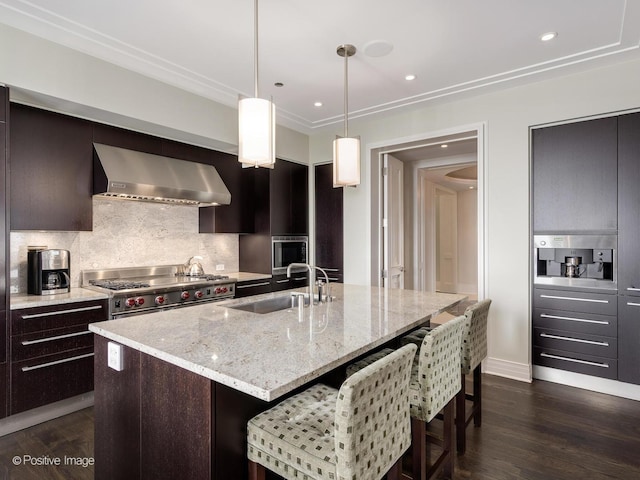 kitchen featuring high end stainless steel range, decorative backsplash, dark wood-type flooring, a sink, and wall chimney exhaust hood