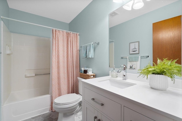 bathroom featuring shower / tub combo, visible vents, toilet, tile patterned flooring, and vanity